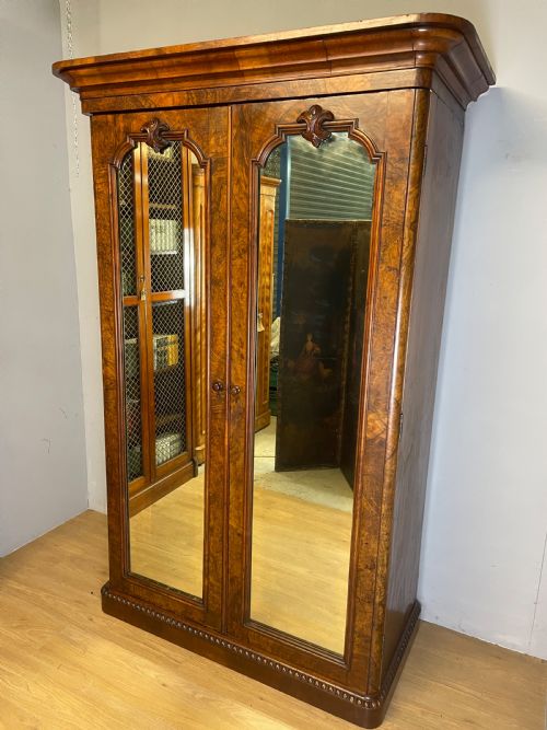 C19th Burr Walnut Country House Two Door Wardrobe with Mirrored Doors