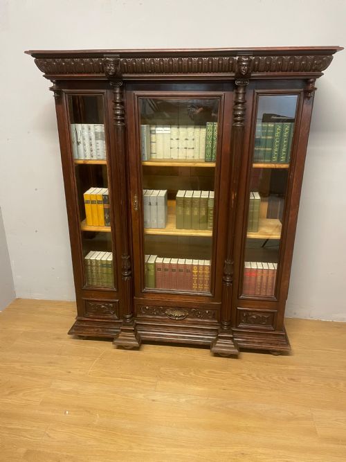 C19th Carved Freestanding Glazed Walnut Bookcase