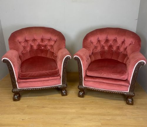 C19th Pair of Tub Chairs with Carved Mahogany Frames