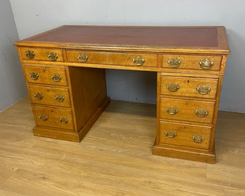 C19th Golden Oak Twin Pedestal Desk by Davies of Plymouth
