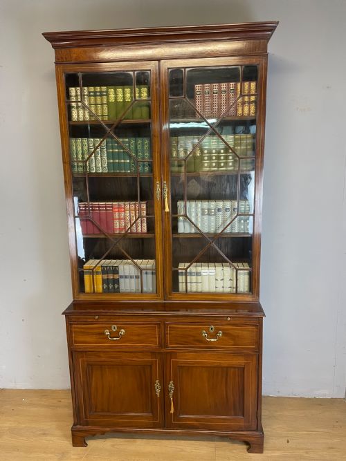 C19th Sheraton Revival Inlaid Mahogany Bookcase Over Cupboard