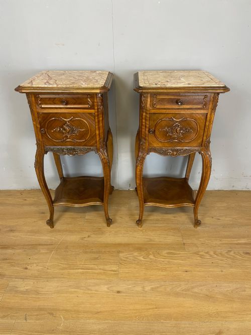 C19th Pair of Walnut Marble Topped Bedside Cupboards