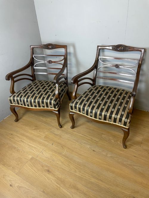 C19th Pair of Georgian Style Mahogany Open Arm Chairs