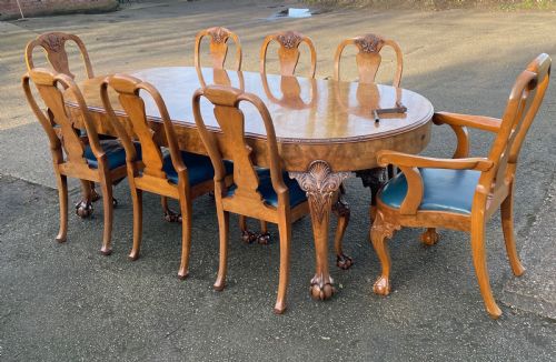 Burr Walnut Queen Anne 8 Seater Wind Out Table and Eight Chairs by Charles Walker of Harrogate