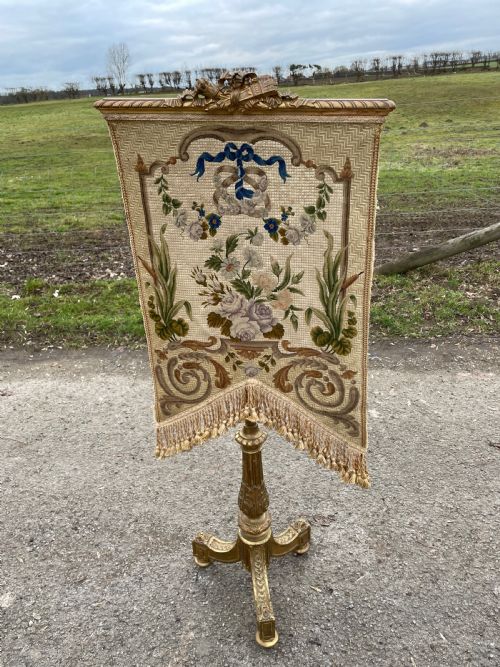 C19th Carved Gilded Needlepoint Fire Screen