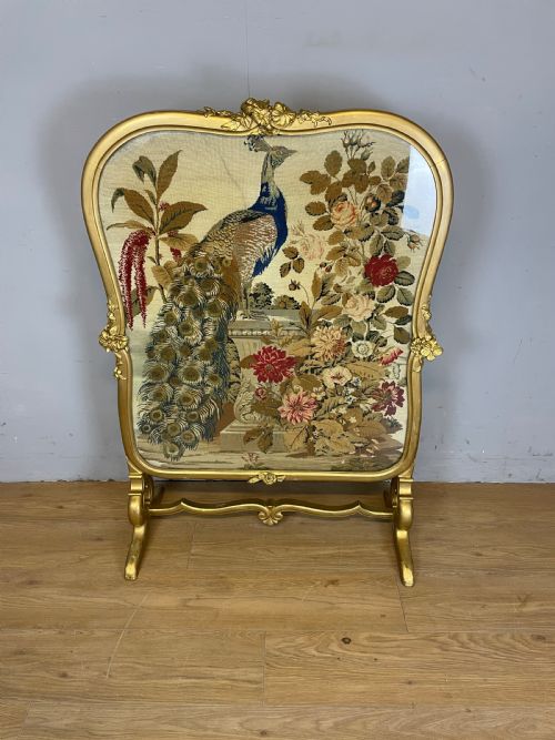 Large Country House Carved Needlework Fire Screen