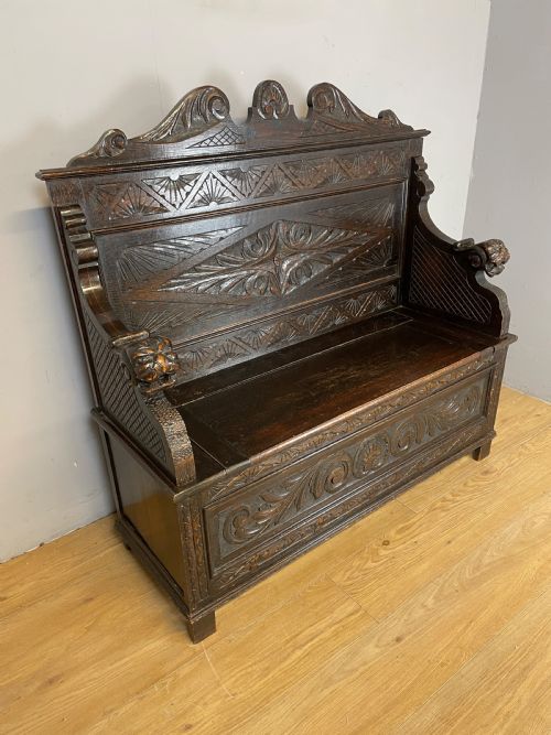 C19th Carved Oak Box Settle