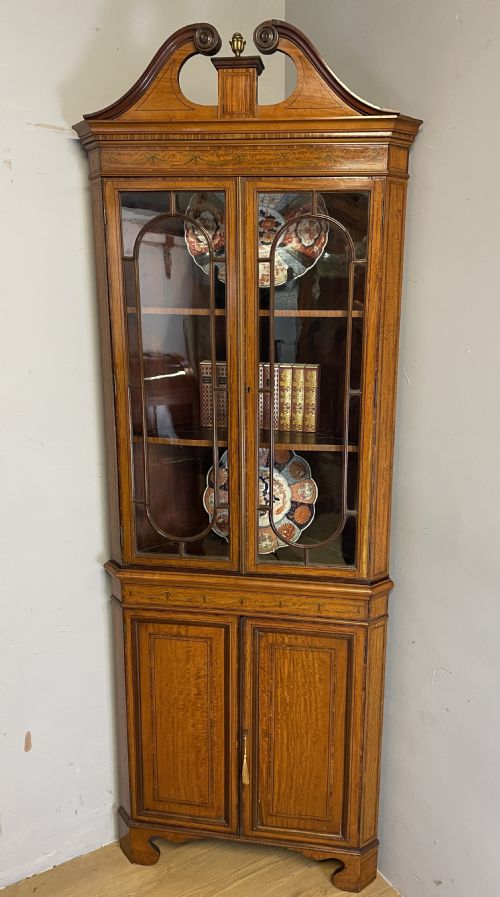 C19th Sheraton Revival Painted and Inlaid Satinwood Standing Corner Cupboard