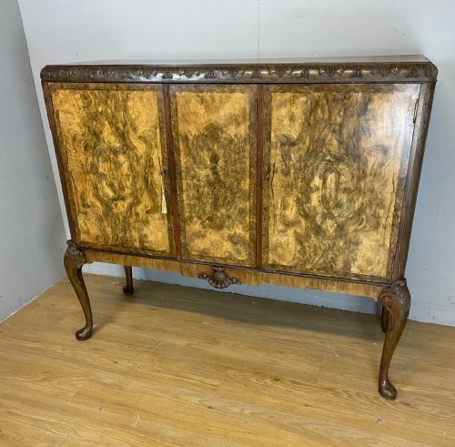 Burr Walnut Three Door Side Cabinet Circa 1920