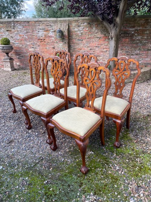 Set of Six Solid Walnut Queen Anne Style Dining Chairs Circa 1900