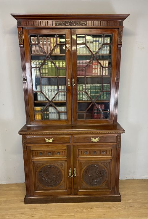 LATE C19TH SOLID WALNUT ARTS AND CRAFTS BOOKCASE OVER CUPBOARD - ADDITIONAL PHOTO 1