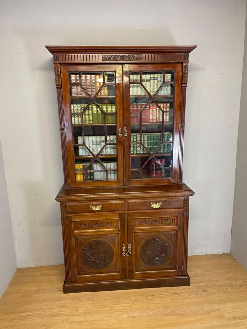 LATE C19TH SOLID WALNUT ARTS AND CRAFTS BOOKCASE OVER CUPBOARD - ADDITIONAL PHOTO 4