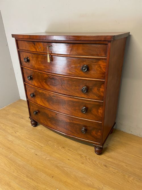 C19th Flame Mahogany Bow Front 4 Height Chest of Drawers Circa 1870