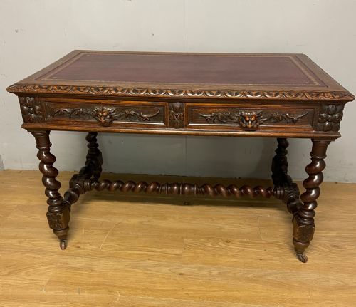 C19th Carved Oak Jacobean Style Writing Table with Tooled Leather Top