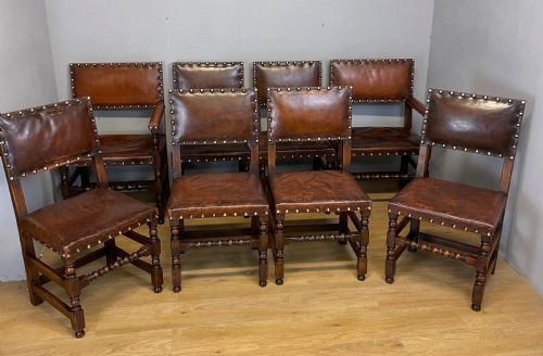 Eight Jacobean Style Leather and Oak Dining Chairs Circa 1890