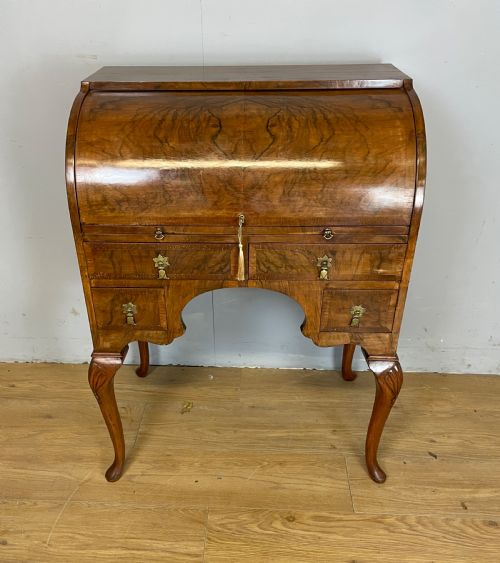 Burr Walnut Queen Anne Style Cylinder Desk Circa 1920