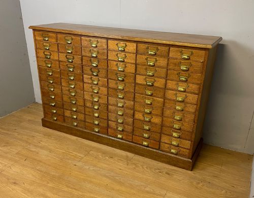 Edwardian Set of 66 Oak Filing Drawers with Original Brass Fittings