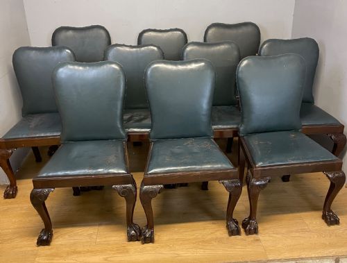 Set of 10 Edwardian Mahogany Framed Dining Chairs in Blue Leather on Carved Cabriole Legs