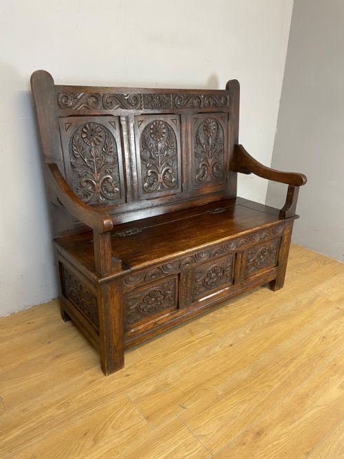 Arts and Crafts Solid Oak Carved Box Settle Dated 1907