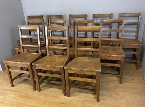 Edwardian Set of 12 Solid Oak Refectory Chairs