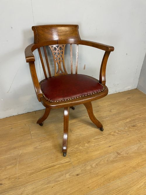 Edwardian Oak Revolving Desk Chair with Red Leather Seat Circa 1910
