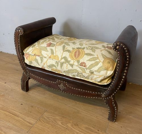 Arts and Crafts Leather Footstool with Decorative Brass Studs