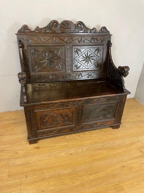 C19th Solid Oak Carved Box Settle