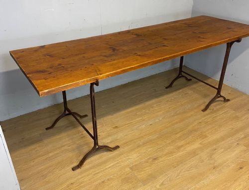 C19th Pine Topped Trestle Table on Wrought Iron Supports