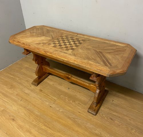 Arts and Crafts Parquetry and Carved  Pine Table with Central Chess Board Top
