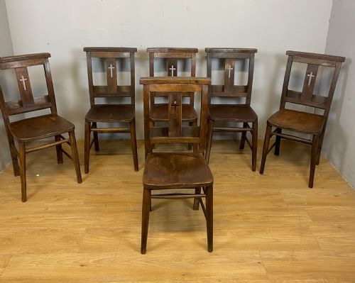 Set of Six C19th Elm Seated Chapel Chairs