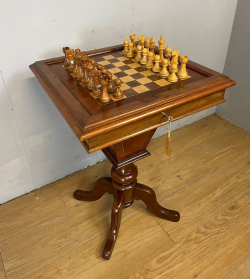 C19th Mahogany Chess Table with Wooden Chess Set