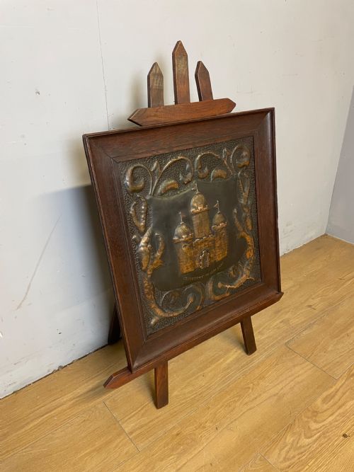 ARTS AND CRAFTS OAK FRAMED COPPER FIRESCREEN - ADDITIONAL PHOTO 2