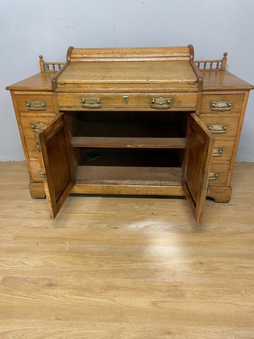 C19TH GOLDEN OAK TAMBOUR DESK WITH FITTED INTERIOR - ADDITIONAL PHOTO 5