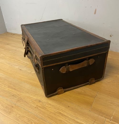 LATE C19TH BLACK CANVAS AND LEATHER BOUND TRUNK - ADDITIONAL PHOTO 1