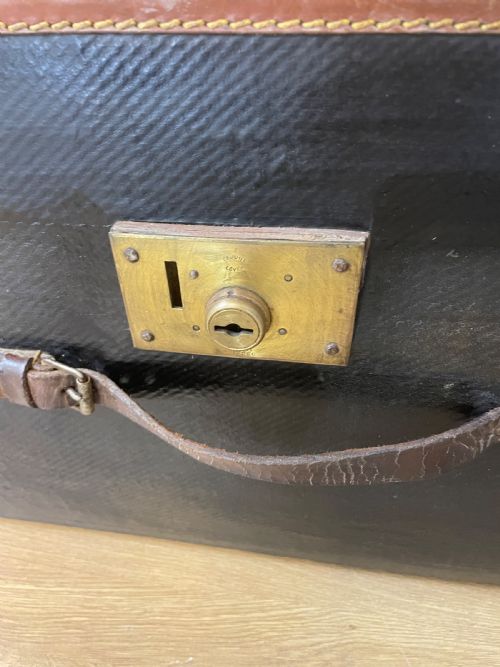 LATE C19TH BLACK CANVAS AND LEATHER BOUND TRUNK - ADDITIONAL PHOTO 3