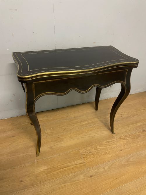 C19th French  Ebonized Card Table with Brass Inlay and Moulding