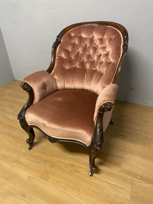 C19th Deep Buttoned Carved Mahogany Armchair