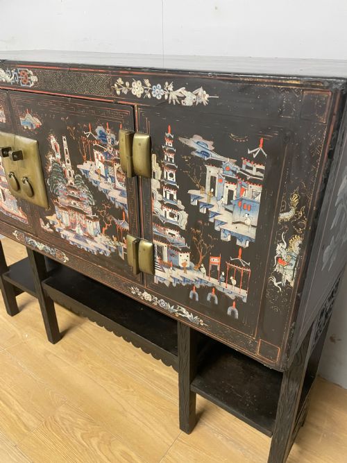 ANTIQUE ORIENTAL BLACK LACQUERED CABINET ON A CARVED STAND CIRCA 1900 - ADDITIONAL PHOTO 5