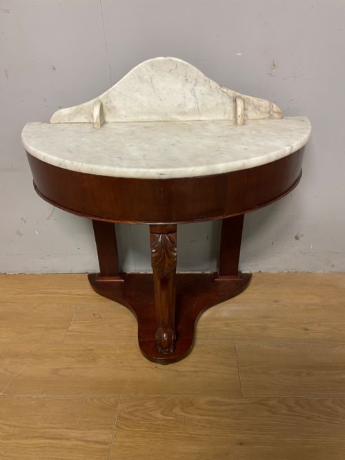 C19TH MAHOGANY DEMI LUNE WASHSTAND WITH WHITE CARRARA MARBLE TOP - ADDITIONAL PHOTO 5