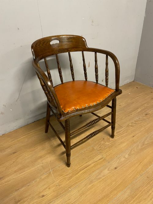 EDWARDIAN OAK AND BEECH DESK CHAIR WITH TAN HIDE SEAT - ADDITIONAL PHOTO 1