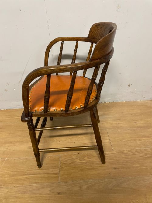 EDWARDIAN OAK AND BEECH DESK CHAIR WITH TAN HIDE SEAT - ADDITIONAL PHOTO 6