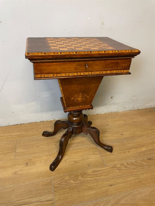 C19TH INLAID WALNUT GAMES SEWING TABLE IN SUPERB ORIGINAL CONDITION - ADDITIONAL PHOTO 1