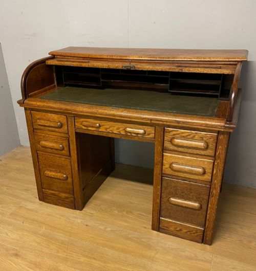 edwardian golden oak roll top desk with tooled leather insert - CATEGORY: ANTIQUE DESKS - DATED 1910