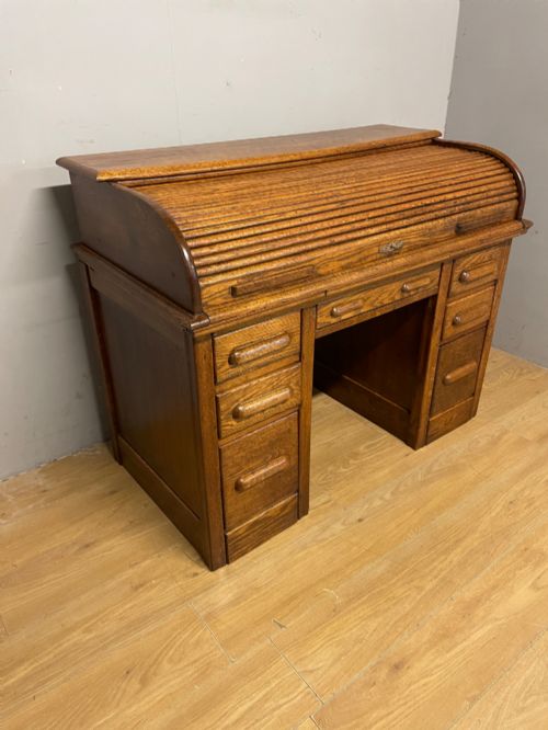 EDWARDIAN GOLDEN OAK ROLL TOP DESK WITH TOOLED LEATHER INSERT - ADDITIONAL PHOTO 2