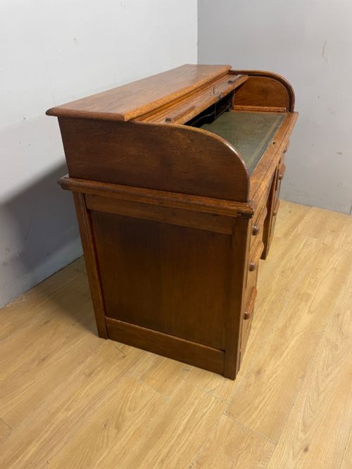 EDWARDIAN GOLDEN OAK ROLL TOP DESK WITH TOOLED LEATHER INSERT - ADDITIONAL PHOTO 6