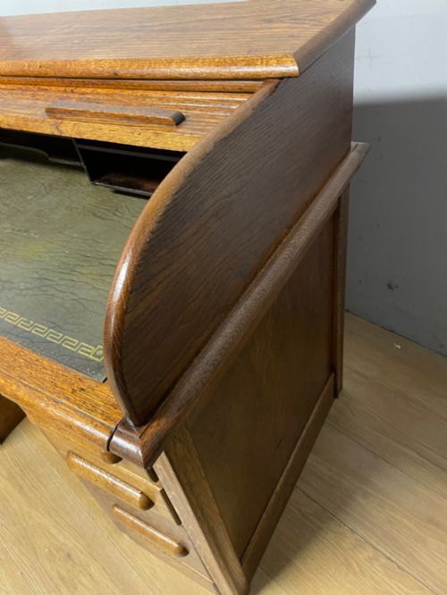 EDWARDIAN GOLDEN OAK ROLL TOP DESK WITH TOOLED LEATHER INSERT - ADDITIONAL PHOTO 7