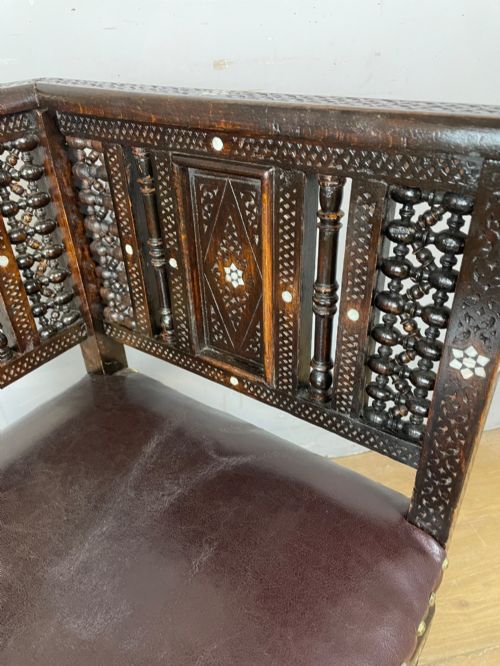 C19TH INLAID CARVED CORNER CHAIR WITH MASHRABIYA PANELS ATTRIBUTED TO LIBERTY AND CO - ADDITIONAL PHOTO 9