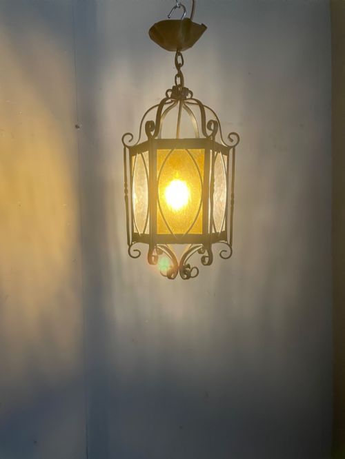 WROUGHT IRON GLAZED HEXAGONAL HALL LANTERN