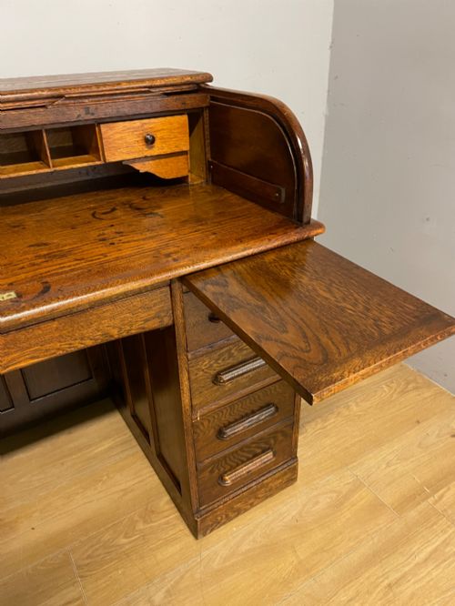 EDWARDIAN SOLID OAK ROLL TOP DESK BY ANGUS LONDON - ADDITIONAL PHOTO 11