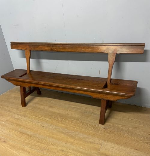 C19TH PITCH PINE AND MAHOGANY REVERSIBLE RAILWAY BENCH